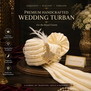 Turban de marié en soie crème, fait main, avec broche en plumes et cristaux, Safa indien traditionnel pour hommes, vente en gros - Product Image 1