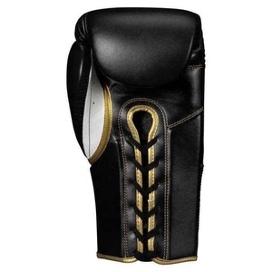 Gants de boxe professionnels en cuir, à lacets, pour adultes, noirs avec garniture dorée - Product Image 2
