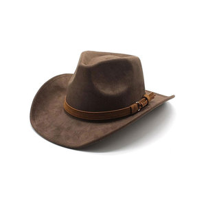 Brown Wide Brim Cowboy <b>Hat</b> with Leather <b>Band</b> Western Style Nonwoven Felt <b>Hat</b> for Men and Women - Product Image 1