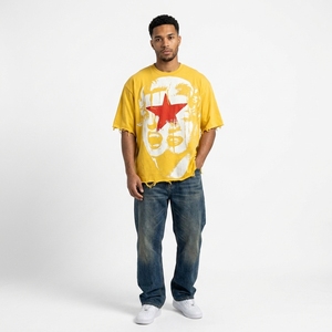 T-shirt vintage délavé à col rond, streetwear urbain, coupe oversize, motif graphique personnalisé, manches courtes, en coton tricoté, épaules tombantes, coupe carrée - Product Image 6