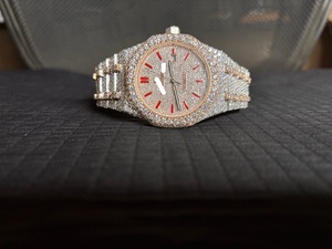 Luxury Full Iced Out Diamond Pave Round Mechanical Men's Watch Stainless Steel Band White Crystal Dial <b>Red</b> Markers - Product Image 1