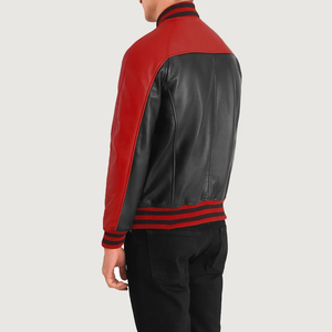 <b>Men's</b> Red Black PU <b>Leather</b> Bomber <b>Jacket</b> Moto Style Stand Collar Button Closure Autumn Wear - Product Image 3