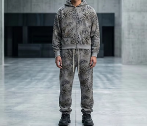 Conjunto de 2 Piezas con Logotipo Personalizado para Hombre, Camuflaje de Leopardo, 400GSM, Felpa Francesa, Corte Cuadrado, Sudadera con Cierre y Pantalones Deportivos, Estilo Urbano - Product Image 3
