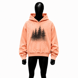 Sudadera con Capucha Extra Grande Personalizada Color Durazno con Gráfico de Árbol del Bosque Negro, Estilo Vintage Desgastado, Sudadera Informal para Hombre y Mujer - Product Image 1