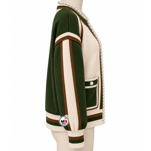 Cardigan Vert en Acrylique pour Femme, Longueur Standard, Pulls Élégants à Manches Longues, Col Rond, Détails Perles, Poches, Tendance Hiver, Extérieur - Product Image 5