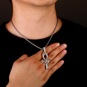 Pendentif Croix Ankh en Argent Sterling Sertie de Diamants, Collier Ancien Plaqué Or 14K avec Chaîne Corde, Diamants de Laboratoire Hip-Hop pour Hommes et Femmes - Product Image 2