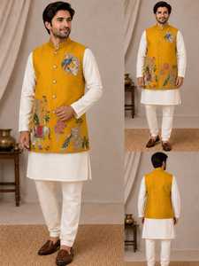 <b>Men's</b> Navy Blue Embroidered <b>Vest</b> With <b>White</b> Kurta Regular Fit Traditional Wear India Pakistan Style Wedding All Seasons - Product Image 3