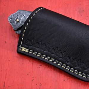 Couteau de chasse en acier Damas, lame à pointe tombante, manche en cuir, bouton de pouce, pour usage extérieur et camping - Product Image 3