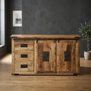 Buffet vintage en bois indien récupéré, meuble TV avec deux portes et trois tiroirs, rangement rustique en métal - Product Image 6