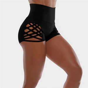 Shorts de yoga taille haute évidés pour femme, couleur unie, sans couture, compression, extensibles dans les quatre sens, en Spandex et Nylon - Product Image 3