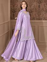 Setelan Salwar Kameez Bordir Ungu dengan Payet dan Hiasan Bunga, Pakaian India Pakistan dengan Dupatta Organza untuk Pesta Pernikahan