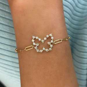 Diamond Butterfly Paperclip Chain <b>Bracelet</b> 7in Length 14K <b>Solid</b> Gold Pave Set Minimalist Stacking Wrist Everyday Wear Wholesale - Product Image 2
