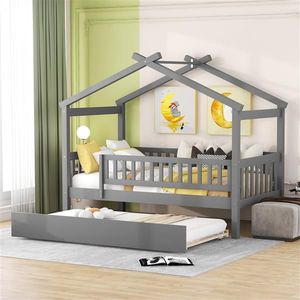 Twin Size Wooden <b>House</b> <b>Bed</b> with Gray Trundle Kids' <b>Bed</b> Set - Product Image 1