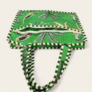 กระเป๋าถือสะพายไหล่ผ้าฝ้ายทอมือลายป่าเขตร้อน ปิดซิป แต่งขอบตัดสี กระเป๋าโท้ทสำหรับผู้หญิง กระเป๋าถือทำมือ - Product Image 6