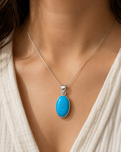 Collier pendentif en argent plaqué 925 de style bohème géométrique à coupe ovale 100% turquoise avec une autre chaîne pour un usage quotidien féminin - Product Image 1