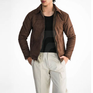 Men's Brown <b>Suede</b> Leather <b>Jacket</b> With Zipper Closure Turn-down Collar Casual Autumn Wear Slim Fit Regular Length - Product Image 4