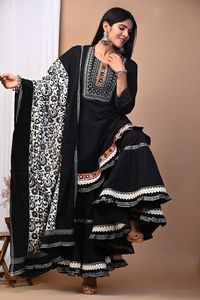 Robe Anarkali Kurta / Kurti Garara pour femme, en coton pakistanais, anti-humidité, protection solaire, longueur genou, pour mariage et fête - Product Image 3