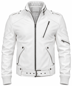 Men's <b>White</b> PU Leather Moto <b>Jacket</b> Stand Collar Zipper Closure Belted Slim Fit <b>Biker</b> Style Autumn Winter Wear - Product Image 1