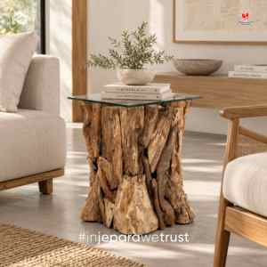 Solid Wood Accent <b>table</b> Teak Root <b>Side</b> <b>Table</b> with Glass Top <b>Rustic</b> Solid Wood End <b>Table</b> for Living Room Villa Hotel Furniture - Product Image 1