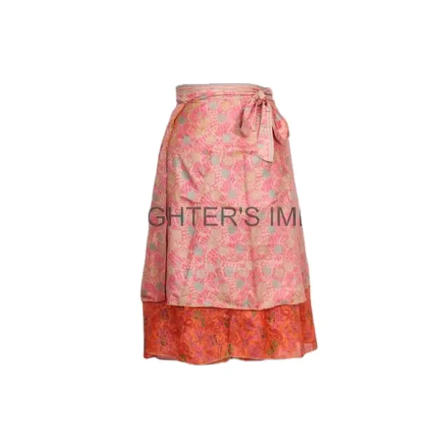 High Quality Indian Silk Wrap Skirt halter sarong bohemian skirt vintage silk sari double layer Mini Women Causal dress