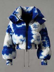 Chaqueta Acolchada Tie Dye CLOVIX para Mujer, Abrigo de Invierno Morado y Negro con Mangas Abullonadas, Cuello Alto y Cierre de Cremallera, Largo Corto - Product Image 5