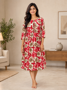 Robe midi pour femme à imprimé floral rouge, col rond, manches trois quarts, coupe évasée, tenue décontractée, robe traditionnelle indienne - Product Image 1
