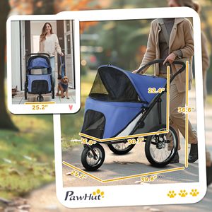 Carrito de Paseo para Perros de 3 Ruedas Azul con Plegado con una Mano, Ruedas de Goma, Bolsa de Almacenamiento y Cojín Suave para Perros Pequeños y Medianos, Suministros para Animales Pequeños - Product Image 3