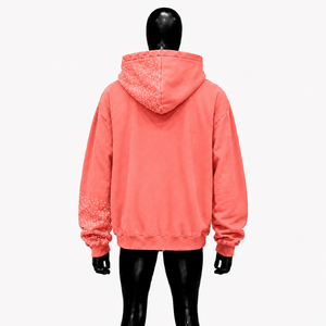 Sudadera con capucha y cremallera completa, rosa coral, con estampado de estrellas, estilo oversize, streetwear unisex, vintage, con efecto desgastado, informal. - Product Image 2