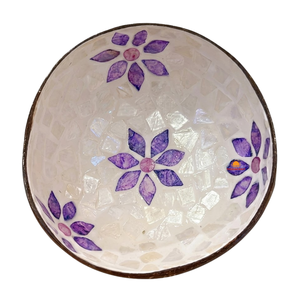 Charming Purple Floral Coconut Bowl Mother of Pearl Mosaic Inlaid Handmade Serving Dish For Kitchen Table Art Wholesale - Product Image 1