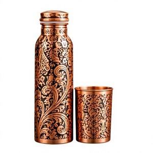 Juego de Botella y Taza de Agua de Cobre Vintage con Diseño Floral Grabado, Termo Portátil de Viaje - Product Image 1