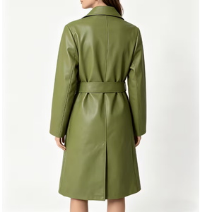 Gabardina de Mujer de Piel Sintética, Larga, de Color Sólido, con Cuello de Solapa, Manga Larga, con Cinturón, Estilo Minimalista para Otoño - Product Image 4