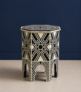 Mesa de Noche Moderna para Dormitorio con Incrustaciones Geométricas Negras, Mueble Decorativo de Madera para el Hogar - Product Image 1