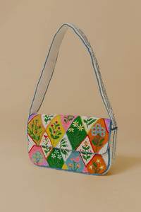 Bolso de mano vintage para mujer con cuentas, asa de bambú y estampado floral azul - Product Image 3