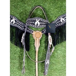 Western <b>Black</b> Leather Horse Headstall & Breast Collar Set <b>Black</b> Fringe Crystal Studs with Revolver Design Conchos - Product Image 3