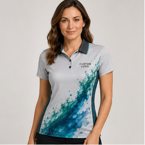 Polo Personalizado para Mujer en Color Gris Claro y Verde Azulado con Diseño de Salpicaduras de Acuarela, de Secado Rápido, Transpirable, Manga Corta, Uniforme de Golf de Alto Rendimiento WPS-0885 - Product Image 1