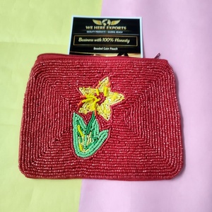 Artisan Crimson Blossom Handmade Beaded Coin Pouch Red Flower Design Zipper Closure Chain Strap Bohemian Style Unisex Mini Size - Product Image 1