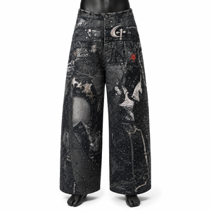 Jeans amples noirs personnalisés pour hommes, style color block, en denim épais et écologique, vente en gros, pantalon streetwear tendance - Product Image 1
