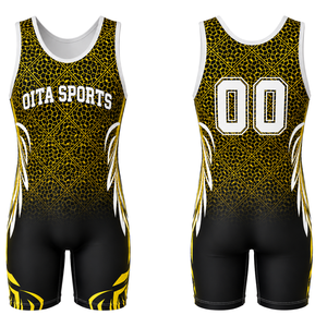 Maillot de lutte sublimé noir et or pour hommes, en polyester, uniforme sportif athlétique sans manches, pour compétition, entraînement et match - Product Image 1