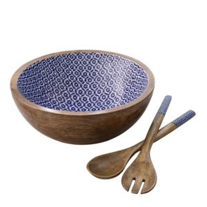 Elegante Tazón de Madera para Servir Ensaladas con Juego de Servidores a Juego, Vajilla con Estampado Geométrico Azul Esmaltado para Uso en el Hogar, Hoteles y Restaurantes - Product Image 3