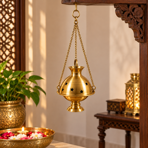 Quemador de Incienso Colgante de Latón Hecho a Mano con Diseño de Estrella Recortada, Incensario Decorativo de Metal con Cadena y Base de Pedestal para el Hogar - Product Image 1