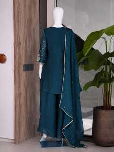 Ensemble Kurti Salwar indien pakistanais brodé, vert, trois pièces, pour mariage, fête, femmes - Product Image 2