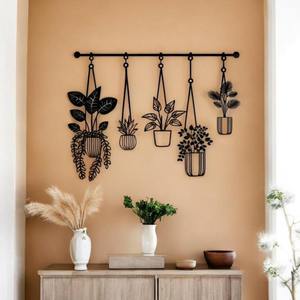 Sculpture murale en métal noir avec jardinières suspendues, design botanique découpé au laser, idéal pour le jardin, le balcon et la décoration intérieure - Product Image 3