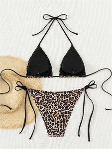 Conjunto de Bikini con Estampado de Leopardo para Mujer, Top Halter con Lazos Laterales, Parte Inferior de Spandex y Poliéster, Traje de Baño de Dos Piezas, Ajuste Elástico - Product Image 2