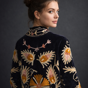 Sujani Embroidery Floral Long Stand Collar <b>Velvet</b> <b>Jacket</b> for Winter/Spring/Summer/Autumn - Product Image 4