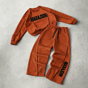 Custom Logo Heavyweight Tracksuit Men Unisex Streetwear Grey Blank Two Piece Sweatshirt <b>Wide</b> <b>Leg</b> Jogger Sweatsuit Set - Product Image 3