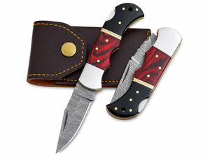 Cuchillo de Camping de Acero de Damasco con Hoja Serrada, Mango de Cuerno Negro y Madera, Funda de Cuero Personalizada, DIY OEM/ODM - Product Image 3
