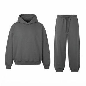 OEM <b>Plain</b> <b>Black</b> Oversized <b>Hoodie</b> And Sweatpants Set Cotton Heavyweight Fleece Pullover Streetwear Tracksuit Wholesale - Product Image 3