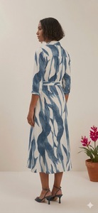 Vestido midi azul y blanco pintado a mano con cinturón, manga tres cuartos, vestido informal de verano de viscosa tejida para mujer - Product Image 2
