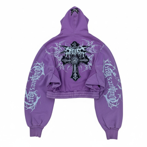 Hoodie court imprimé gothique Y2K personnalisé en molleton de coton épais violet pour homme, style streetwear - Product Image 5