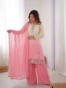 Ensemble de costume ethnique pour femmes, comprenant un haut en georgette brodé, un pantalon confortable et un style de soirée - Product Image 4